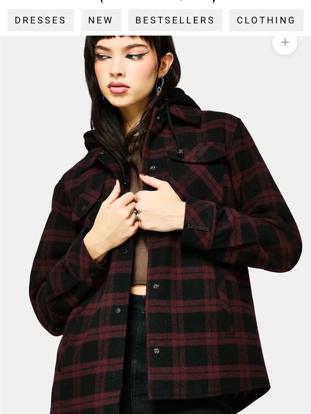 Disturbia Black & Burgundy Plaid Hooded Utility Shacket